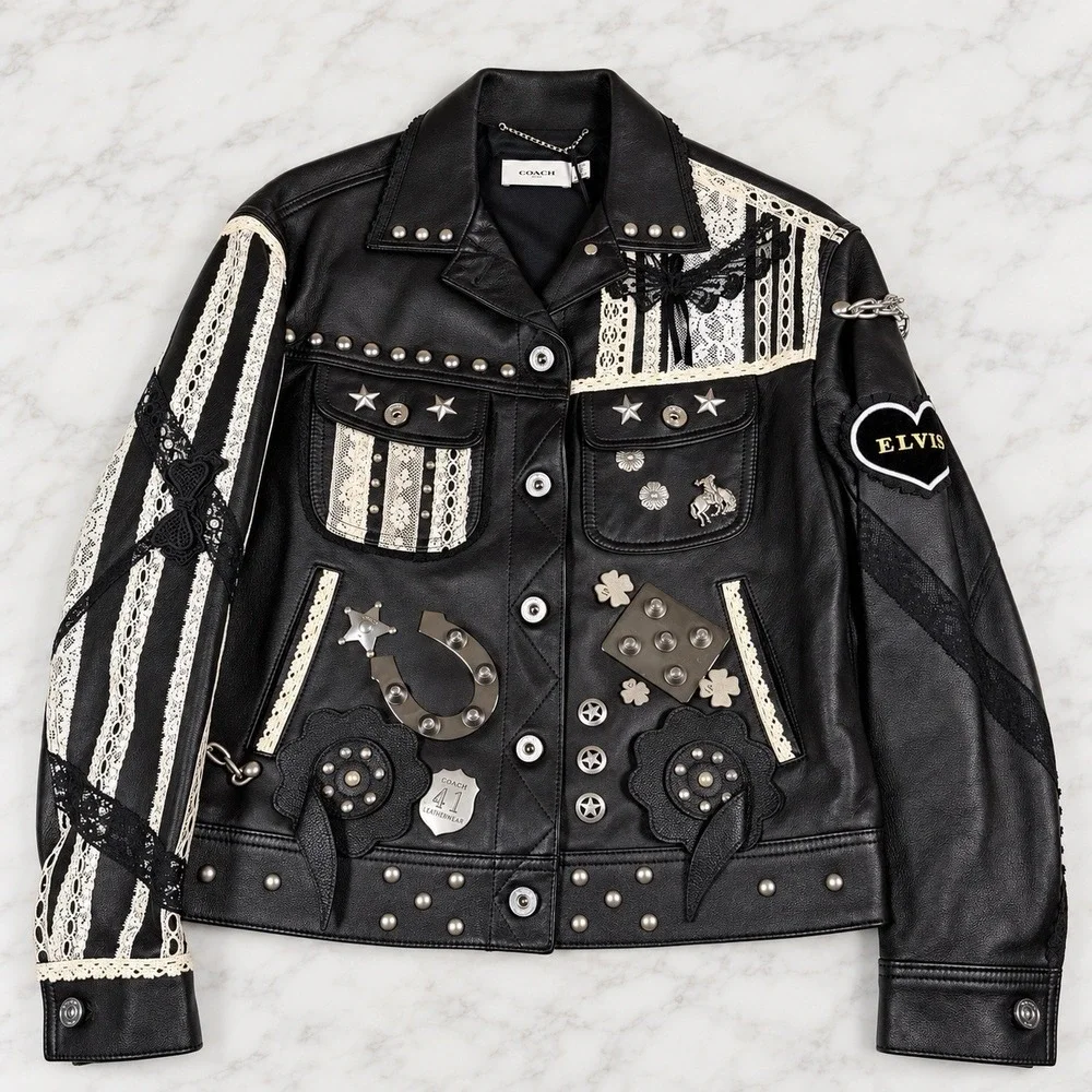 Coach 1941 x Elvis Leather Jacket Embellished Moto Studded Runway Womens XS BLK